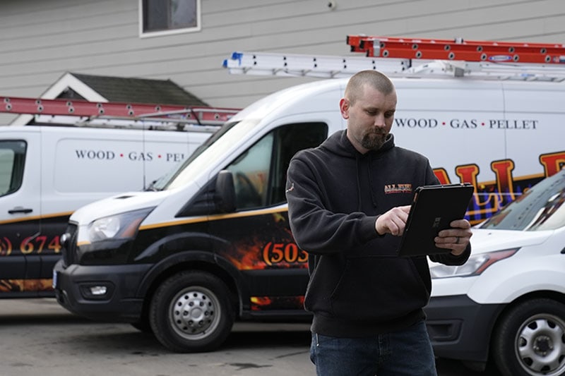 HVAC technician standing in front of a work van.