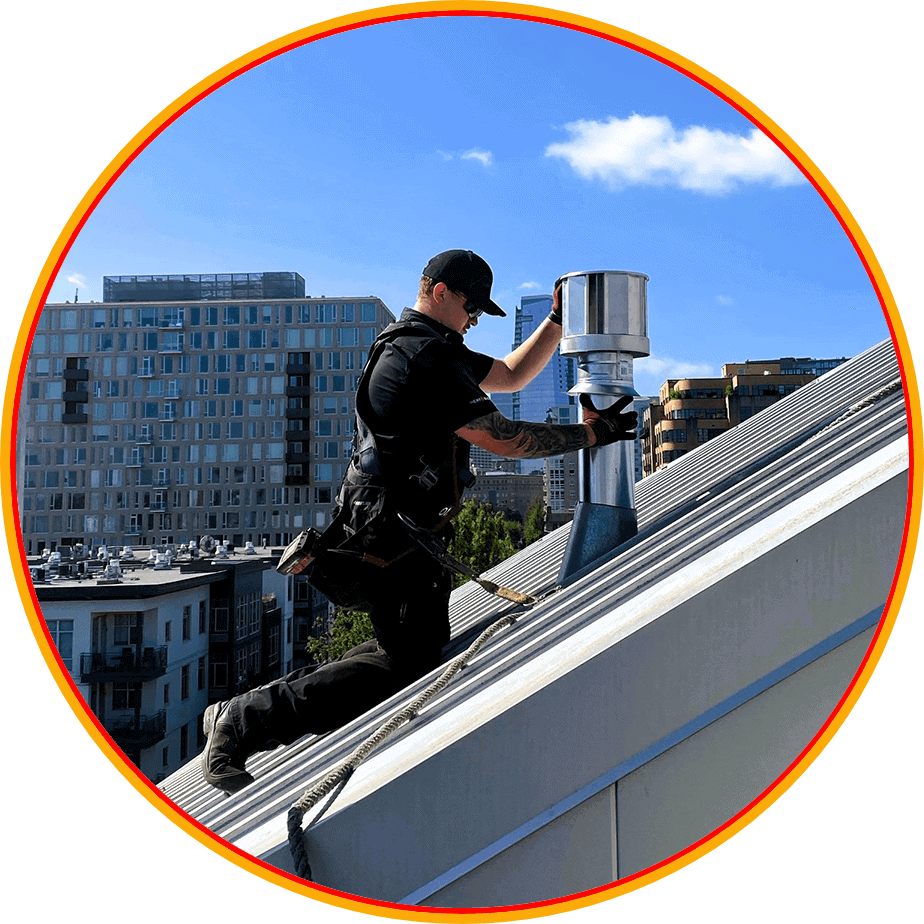 Commercial HVAC technician installing a ventilation system on rooftop of Portland, OR, business.