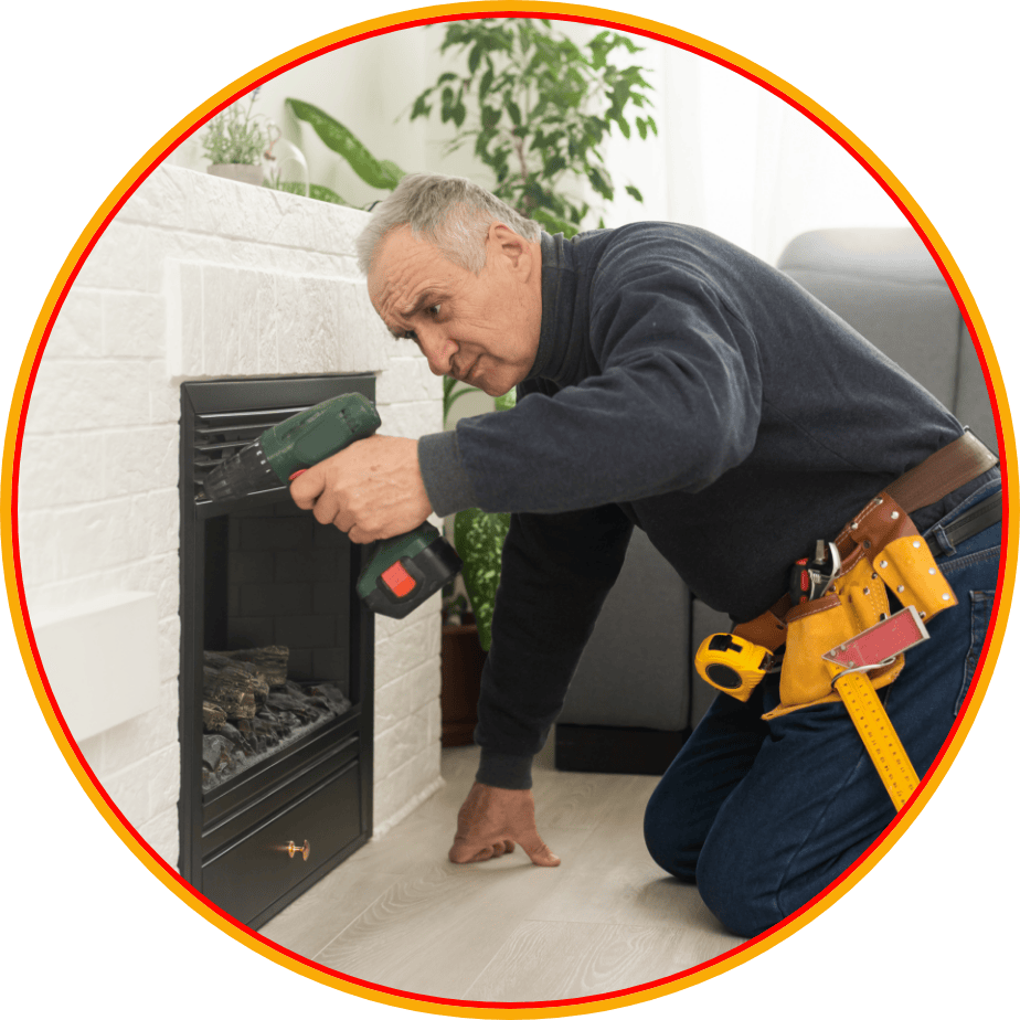 Fireplace installation expert installing a new gas fireplace in Portland, Oregon, home.